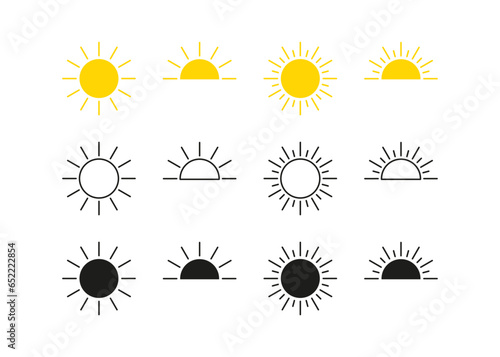 Sun icon set, sunshine full and sunrise or sunset. Decorative circle sun and sunlight. Hot solar energy for tan. Yellow, line and black sun. Vector illustration