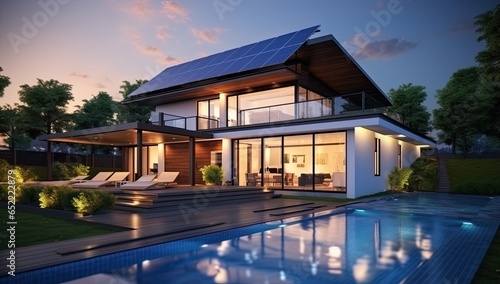 Modern house with solar panels on the roof. Generative AI © Gelpi