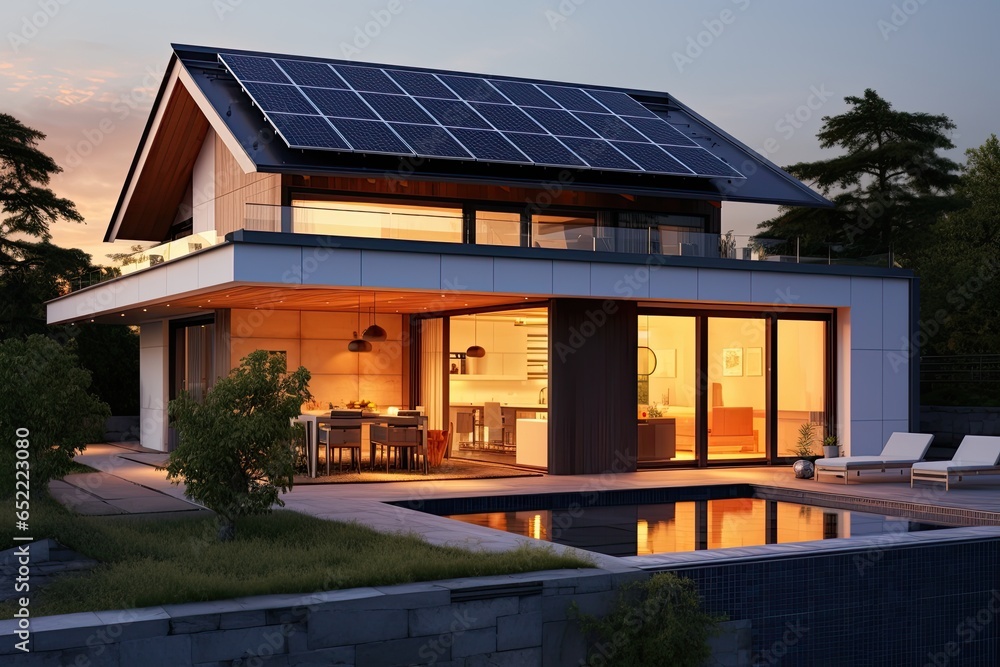 Black solar panels on the roof. Beautiful, large modern house and solar energy. Generative AI