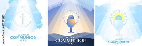 World Communion Sunday Card Posters. Chalice cup and Communion bread symbols inside a wreath on sky or heavenly backgrounds with holy spirit dove. Celebrated October 1. Vector Illustration. 