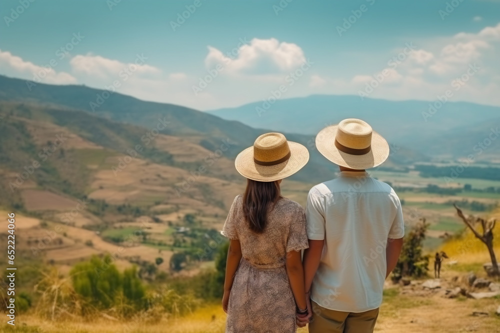 Travel and tourism. Family couple standing back and enjoying view together Travel and tourism. Family couple standing back and enjoying view together
