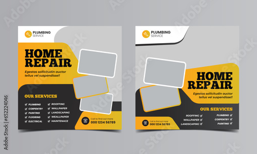 home repair services social media template. editable construction renovation handyman plumbing service instagram post template 