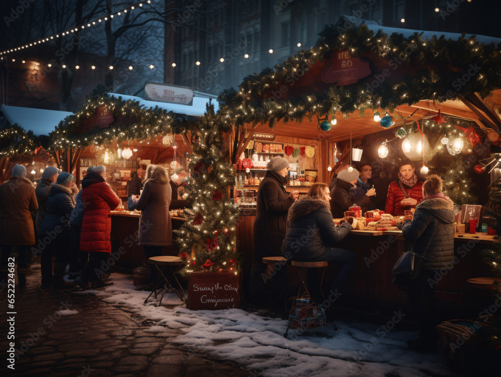 Festively decorated Christmas market with several people shopping for Christmas presents. Generative Ai
