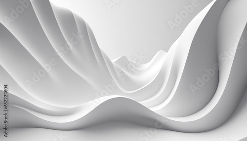 This abstract 3D render features white, flowing wave forms with a smooth, soft texture and elegant curved lines, creating a dynamic and modern background.