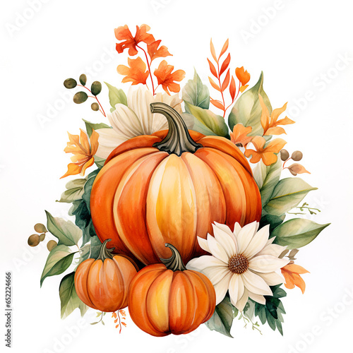 Pastel Orange Watercolor pumpkin floral arrangement on white background
