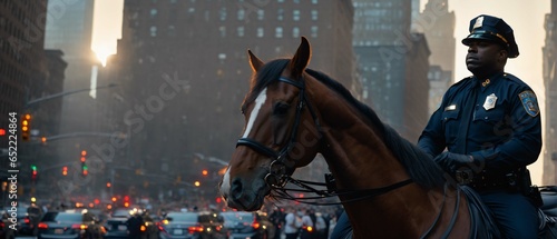Police officer on a horse in new york city. Extremely detailed and realistic high resolution concept design illustration