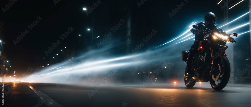 Speed motorcycle rider at night. Long exposure shot with light trails. Highly detailed and realistic illustration