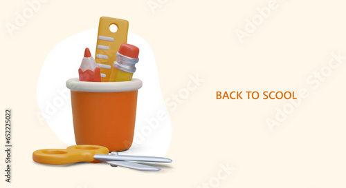 Back to school. Realistic pen holder, scissors. Popular stationery. Color template with space for advertising text. September sale, school supplies fair