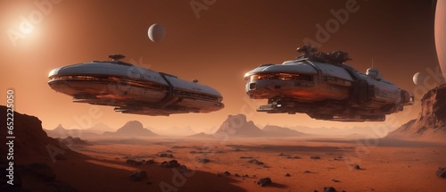 Spaceships on mars like exoplanet. Futuristic scifi illustration in high resolution and high detail photo