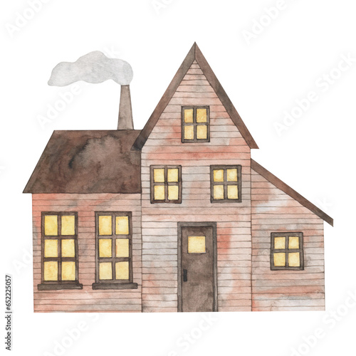 Watercolor drawing of a vintage old village house in autumn colors. Cozy cottage. Hand drawn.