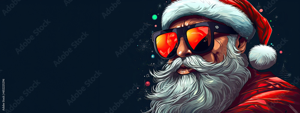 Fototapeta premium Bright hipster Santa Claus in sun glasses on black background. Generative AI