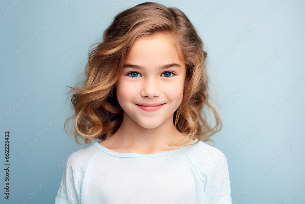 girl 6 years old with smile, casual pose, cian light background, surreal, very friendly girl 6 years old with smile, casual pose, cian light background, surreal, very friendly