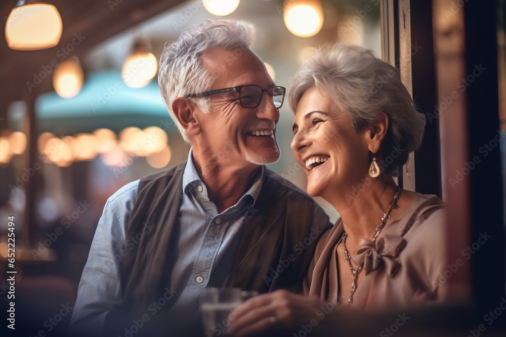 Cheerful old couple sitting at a cafe. Senior man and woman sitting at a restaurant table and smiling