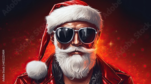 Bright hipster Santa Claus in sun glasses on black background. Generative AI