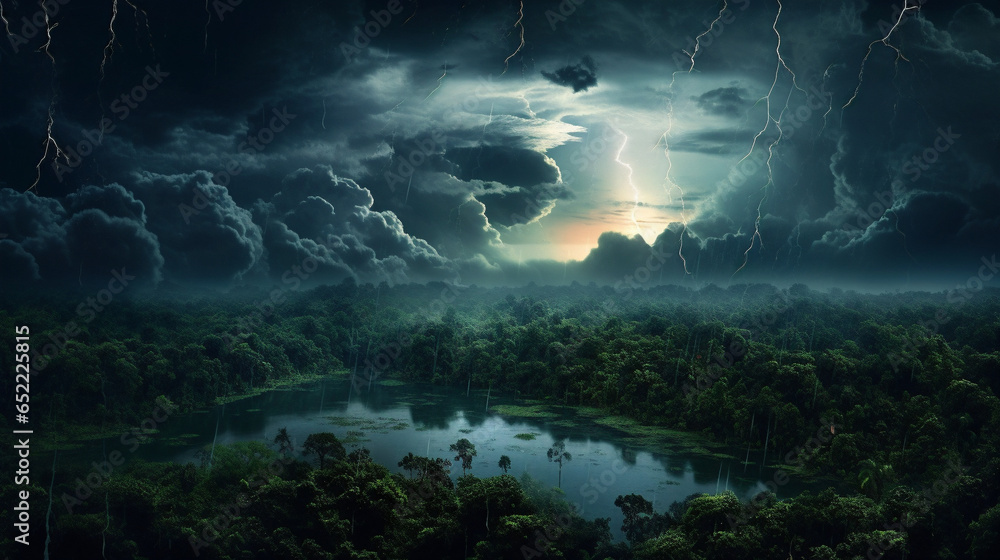 thunderstorm in the amazonian forest Generative AI - obrazy, fototapety, plakaty 