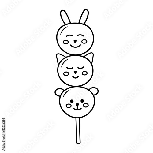 Japanese cute animal-shaped sweet mochi dango balls. Asian food mitarashi dango linear icon. Hand drawn doodle illustration.
