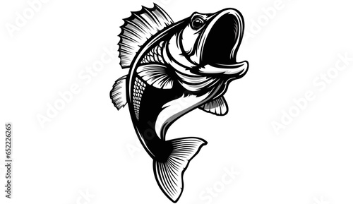 Fishing bass logo. Bass fish with rod club emblem. Fishing theme illustration. Fish Isolated on white.
