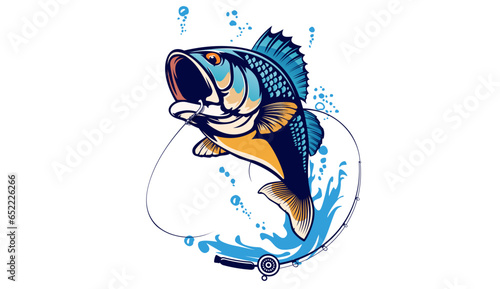 Fishing bass logo. Bass fish with rod club emblem. Fishing theme illustration. Fish Isolated on white.