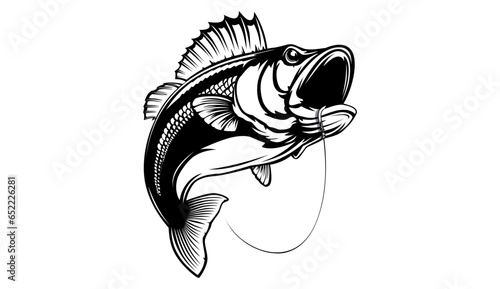 Fishing bass logo. Bass fish with rod club emblem. Fishing theme illustration. Fish Isolated on white.