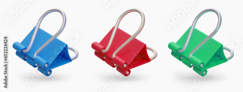 Set of realistic binder clips of different colors. Stationery for neat storage of documents and papers. Isolated vector icons. Fixation, attachment, binding