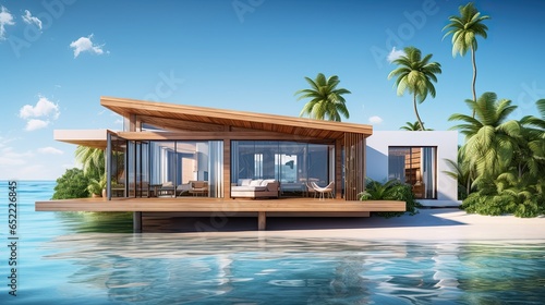 modern cozy house with pool and parking for sale or rent in luxurious style and beautiful landscaping on background. Clear sunny summer day with blue sky