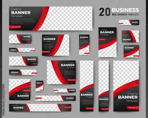 Red and Black Web banners templates, standard sizes with space for photo, modern design	