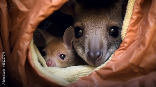 kangaroo with baby in bally pocket generated by AI tool  photo