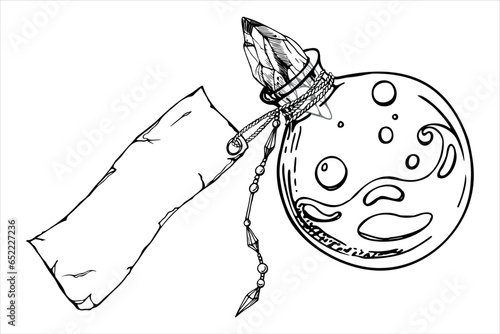 Hand drawn ink vector vial bottle for potion, paper tag. Sketch illustration art witchcraft, medicine chemistry, alchemy. Isolated object, outline. Design shops, logo, print, website, card, booklet