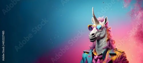 Creative animal concept. a unicorn wearing sunglasses and a suit. copy space. generative ai