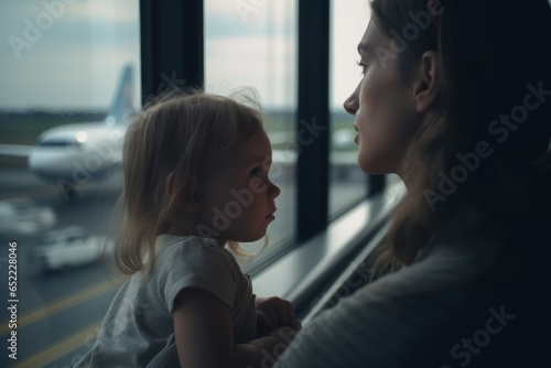 Mother and daughter looking at airplane window in airport terminal. Family travel concept © LAYHONG