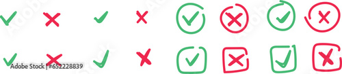Check mark and Cross. Yes and no. Right and wrong, Hand drawn, Choice. Approved icon. Choose	
