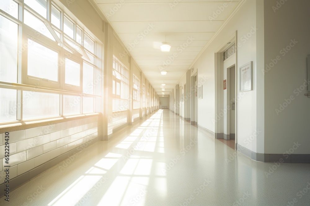 A deserted hospital corridor under bright light, a deserted hospital corridor