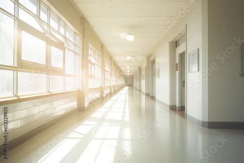 A deserted hospital corridor under bright light  a deserted hospital corridor