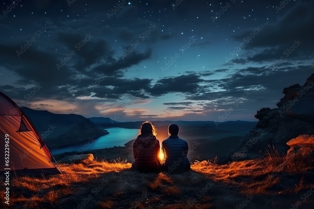Imaginative couple camping outdoors and watching the starry sky at night, camping at night starry sky, couple watching the starry sky - obrazy, fototapety, plakaty 