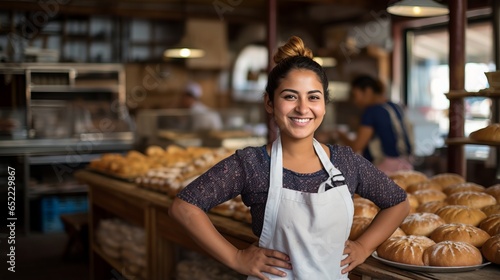 Mexican woman in family bakery. Bakery with fresh pastries. Generative AI