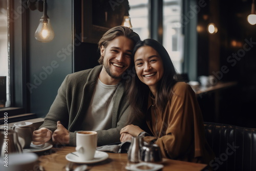 Cheerful young couple sitting at a cafe. Man and woman sitting at a restaurant table and smiling