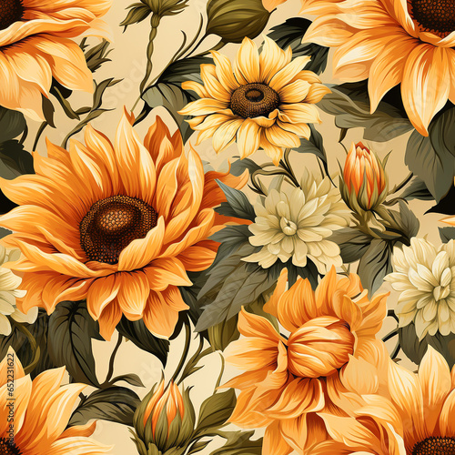 Seamless pattern, multiple sizes of Sunflower , vintage style, , AI generated