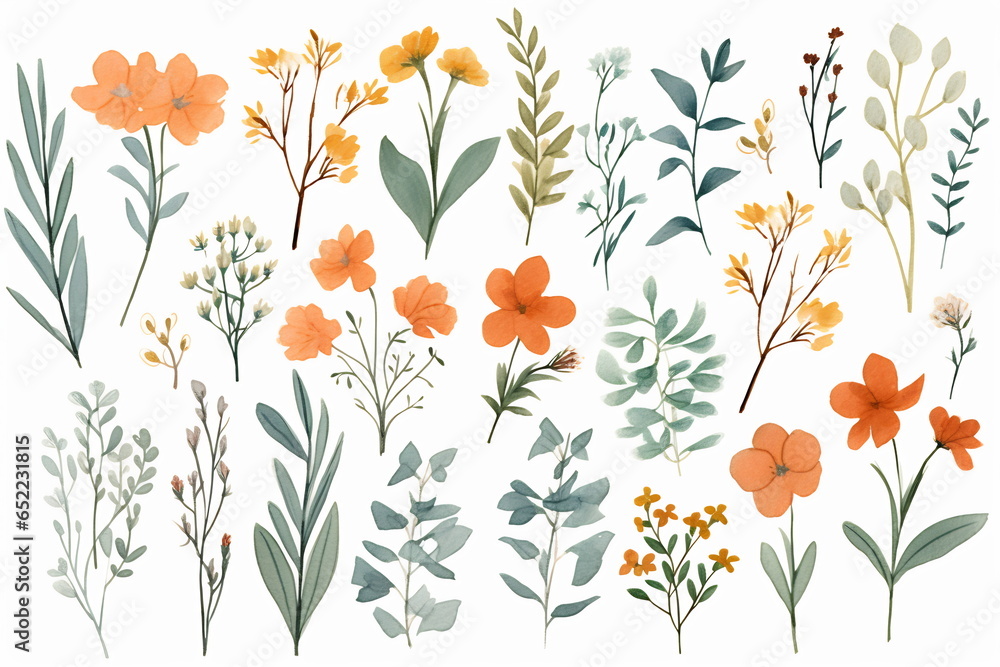 Arrangement of spring orange flowers against a white background. Blooming concept. Flat lay