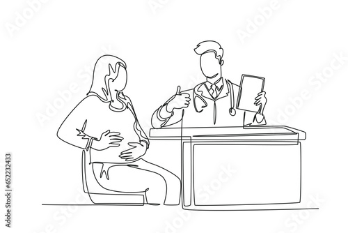 Single one line drawing of male obstetrics and gynecology doctor talking to female patient giving suggestion and advice with thumbs up gesture. Continuous line draw design graphic vector illustration