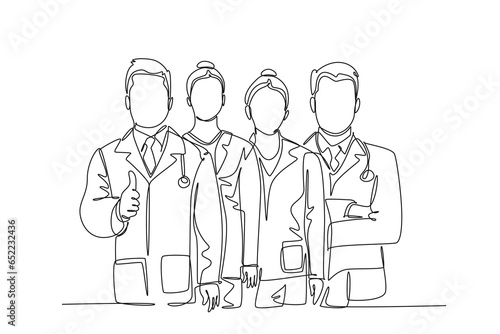 Single one line drawing group of young male and female doctors giving thumbs up gesture as service excellence symbol. Medical team work concept. Continuous line draw design graphic vector illustration