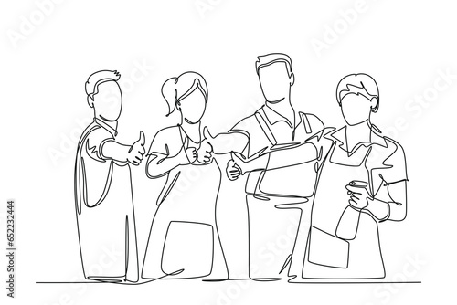 Single one line drawing groups of male and female janitor giving thumbs up gesture. Cleaning service teamwork and business model concept. Modern continuous line draw design graphic vector illustration