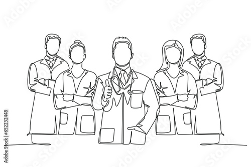 Single one line drawing groups of young happy male and female doctors giving thumbs up gesture as service excellence symbol. Medical team work. Continuous line draw design graphic vector illustration