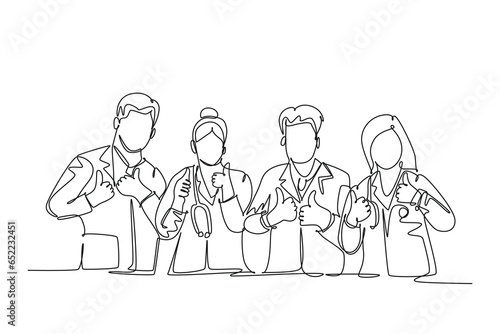 Single one line drawing groups of young happy male and female doctors giving thumbs up gesture as service excellence symbol. Medical team work. Continuous line draw design graphic vector illustration