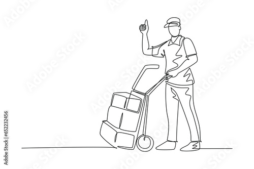 Single one line drawing young delivery man gives thumbs up gesture while carrying carton box package with trolley to customer. Delivery service. Continuous line draw design graphic vector illustration
