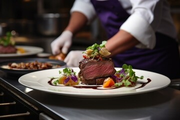 Master chef cook man hands precisely cooking dressing preparing tasty fresh delicious mouthwatering gourmet dish food on plate to customers 5-star michelin restaurant kitchen close-up detailed artwork