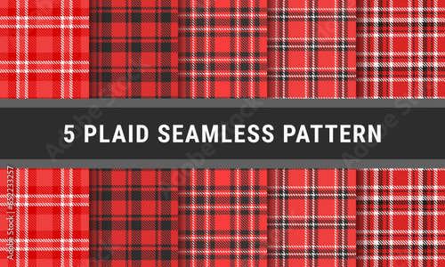 Red Black White Set Tartan Plaid Seamless Pattern. Checkered fabric texture for flannel shirt, skirt, blanket 