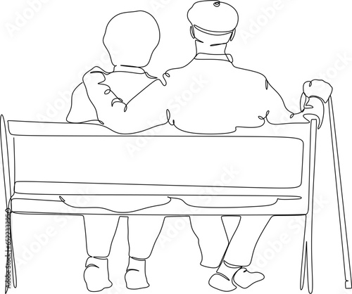 Old retired man and woman vector, old woman and man logo, sketch drawing of old couple sitting on park bench in relaxing pose behind view, silhouette of old couple
