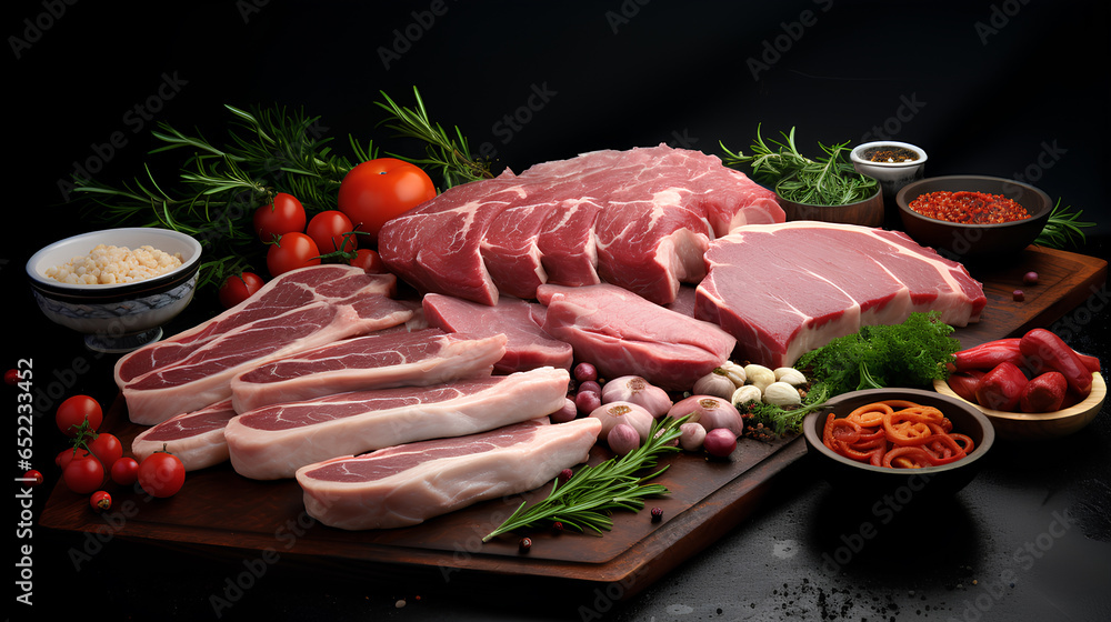 Photo set of pork and meat on black background