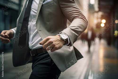  A busy businessman is checking his wristwatch while rushing through the office corridor to make it to an important meeting
