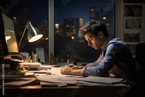 A businessman is working late at his office desk, under a single desk lamp, focused on complex spreadsheets
